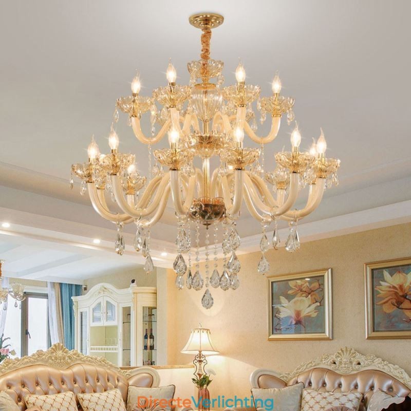 Elegante kristallen kroonluchter Europese cognackleurige plafondlamp Glazen behuizing Dubbele laag 12+6 lampen