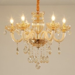 Prachtige kristallen kroonluchter Europese cognackleurige plafondlamp met glazen behuizing, 8 lampen