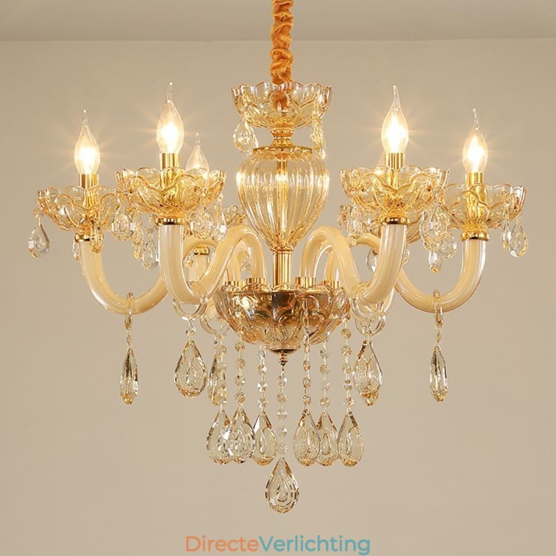 Prachtige kristallen kroonluchter Europese cognackleurige plafondlamp met glazen behuizing, 8 lampen