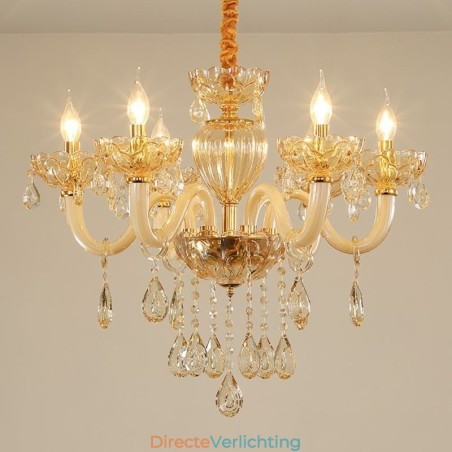 Prachtige kristallen kroonluchter Europese cognackleurige plafondlamp met glazen behuizing, 8 lampen Prachtige kristallen kroonluchter Europese cognackleurige plafondlamp met glazen behuizing, 8 lampen