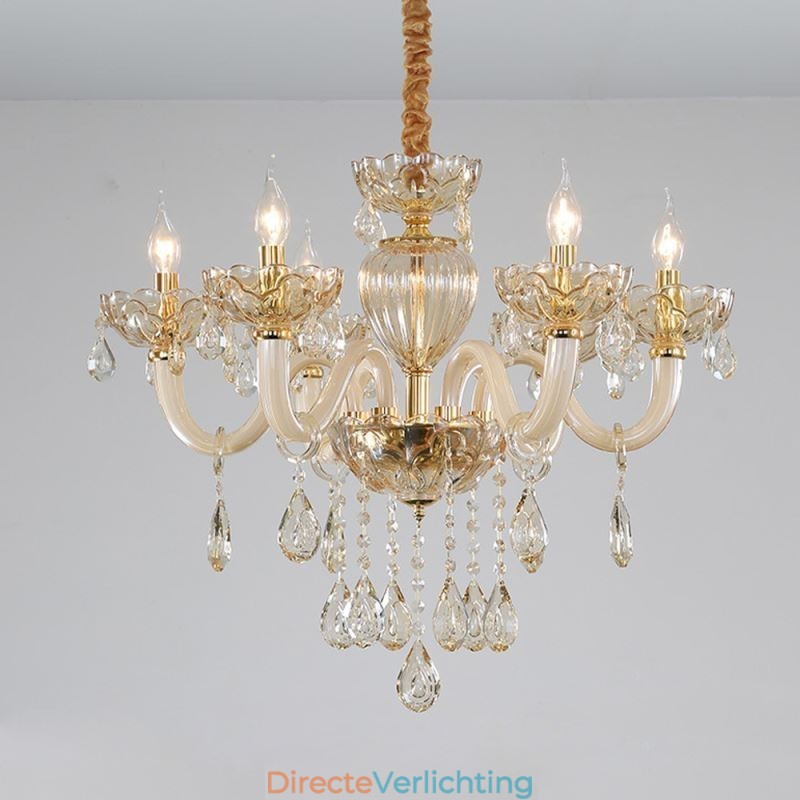 Prachtige kristallen kroonluchter Europese cognackleurige plafondlamp met glazen behuizing, 8 lampen