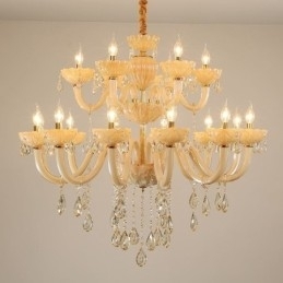 Luxe kristallen kroonluchter Europese cognackleurige plafondlamp Glazen body Dubbele laag 12+6 lampen