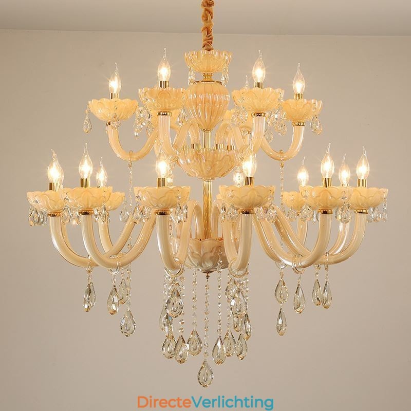 Luxe kristallen kroonluchter Europese cognackleurige plafondlamp Glazen body Dubbele laag 12+6 lampen