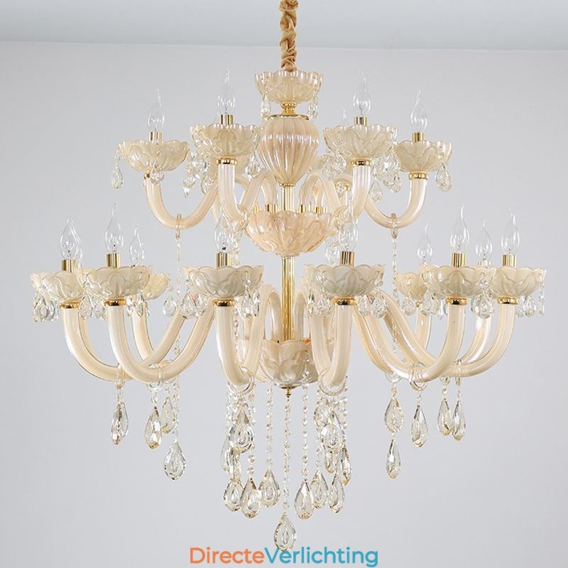 Luxe kristallen kroonluchter Europese cognackleurige plafondlamp Glazen body Dubbele laag 12+6 lampen