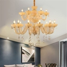 Luxe kristallen kroonluchter Europese cognackleurige plafondlamp Glazen body Dubbele laag 12+6 lampen