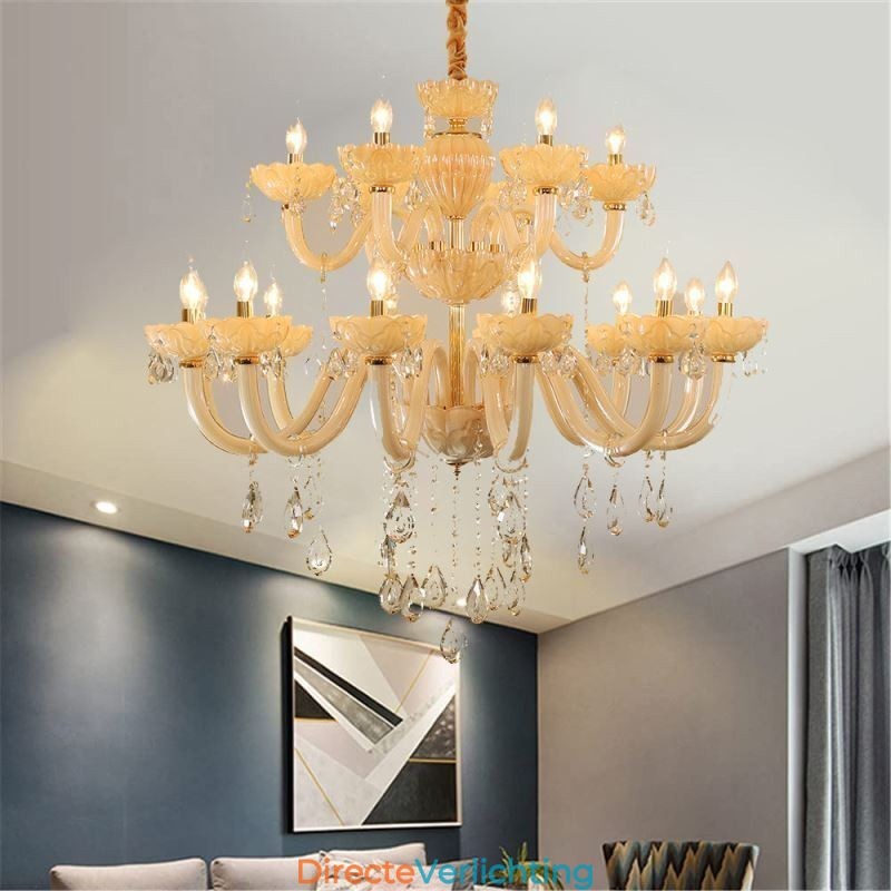 Luxe kristallen kroonluchter Europese cognackleurige plafondlamp Glazen body Dubbele laag 12+6 lampen