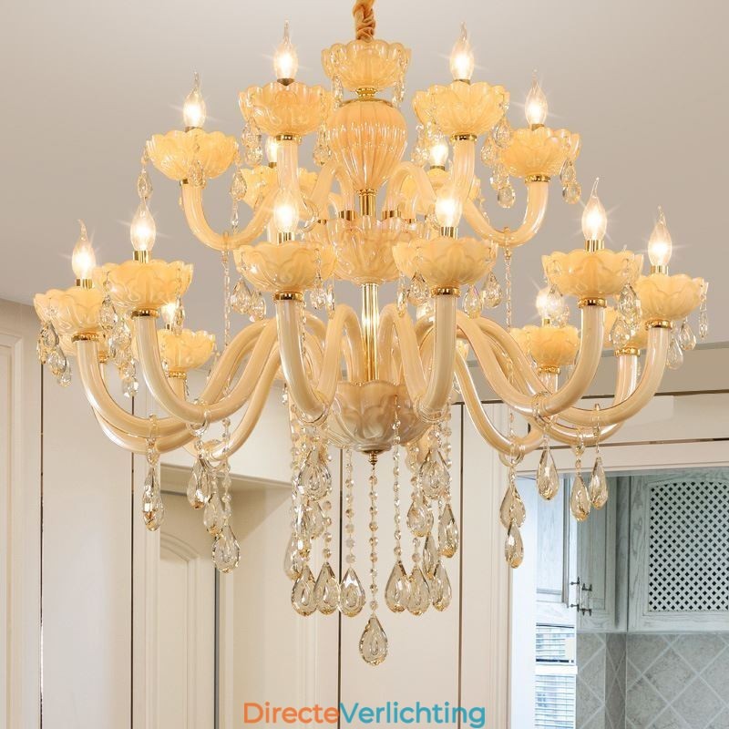 Luxe kristallen kroonluchter Europese cognackleurige plafondlamp Glazen body Dubbele laag 12+6 lampen