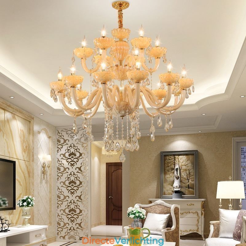 Luxe kristallen kroonluchter Europese cognackleurige plafondlamp Glazen body Dubbele laag 12+6 lampen