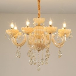 Opvallende kristallen kroonluchter Europese cognackleurige plafondlamp Glazen behuizing 8 lampen