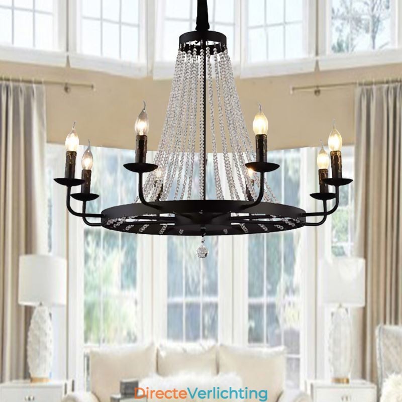 Vintage Kristallen Hanglamp Zwarte IJzeren Kaars Kroonluchter