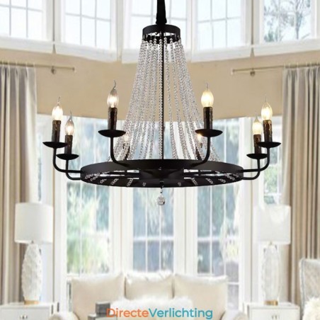 Vintage Kristallen Hanglamp Zwarte IJzeren Kaars Kroonluchter Vintage Kristallen Hanglamp Zwarte IJzeren Kaars Kroonluchter