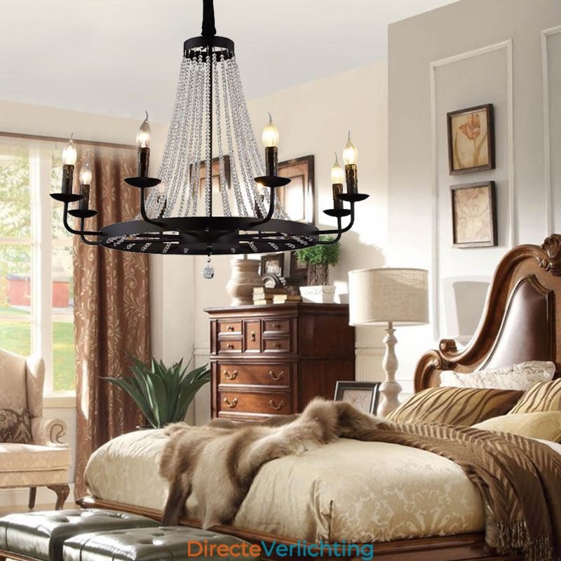 Vintage Kristallen Hanglamp Zwarte IJzeren Kaars Kroonluchter