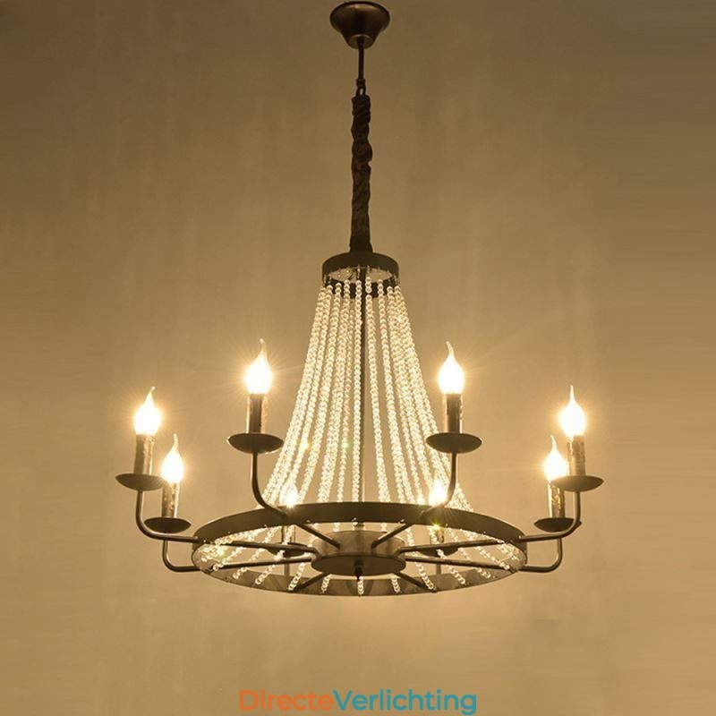 Vintage Kristallen Hanglamp Zwarte IJzeren Kaars Kroonluchter
