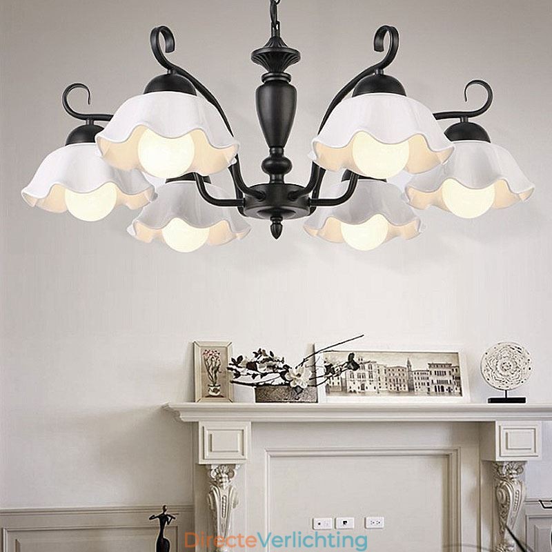 Nordic Iron Hanglamp Bloemvormige Glazen Lampenkap Kroonluchter