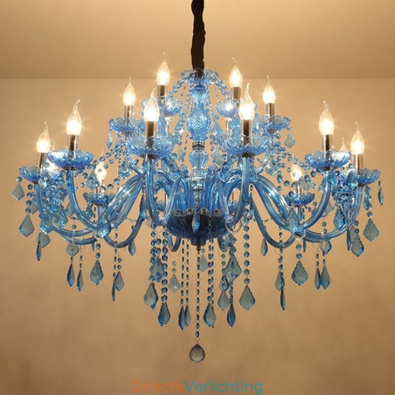 Grote kristallen kroonluchter Europese hanglamp Blauwe kleur Esthetisch