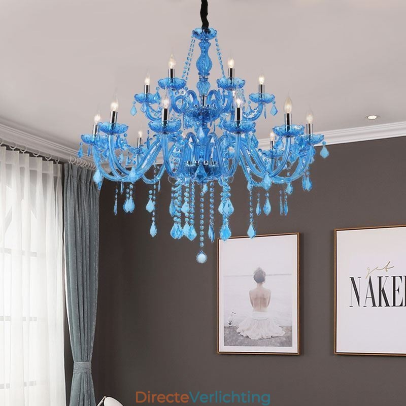 Grote kristallen kroonluchter Europese hanglamp Blauwe kleur Esthetisch