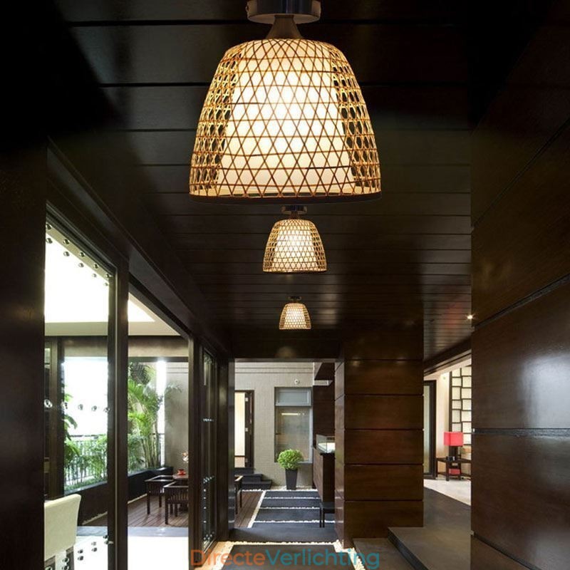 Bamboe Semi Flush Mount Creatieve Ronde Plafondlamp Vestibule Verlichting