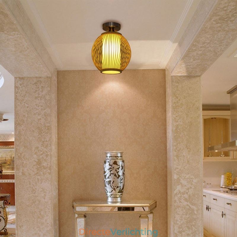 Unieke semi-flush mount creatieve ronde bamboe plafondlamp veranda verlichting
