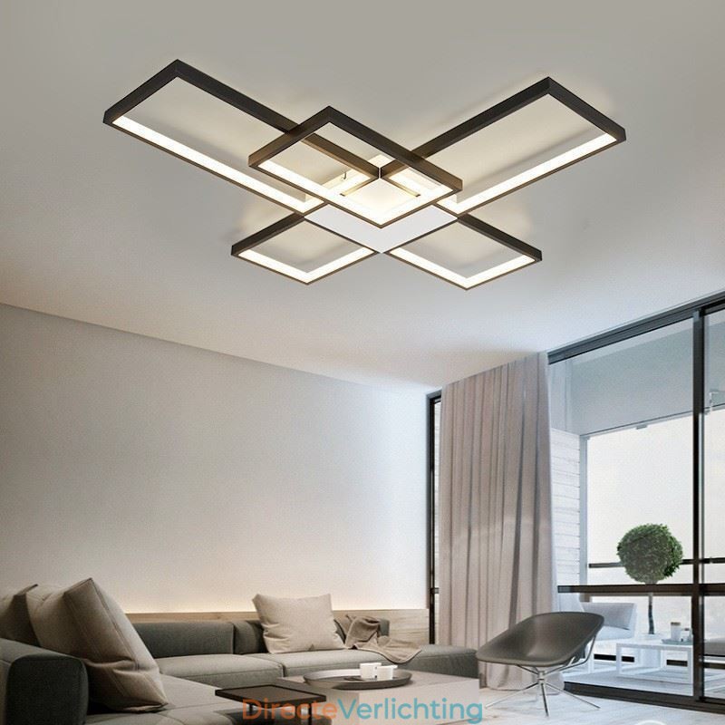 Minimalistische inbouwplafondlamp met vijf vierkante lampen, traploos dimbaar met afstandsbediening, 92W