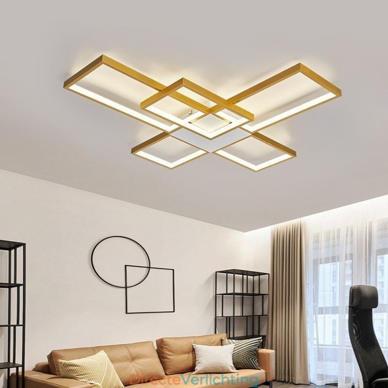 Minimalistische inbouwplafondlamp met vijf vierkante lampen, traploos dimbaar met afstandsbediening, 92W