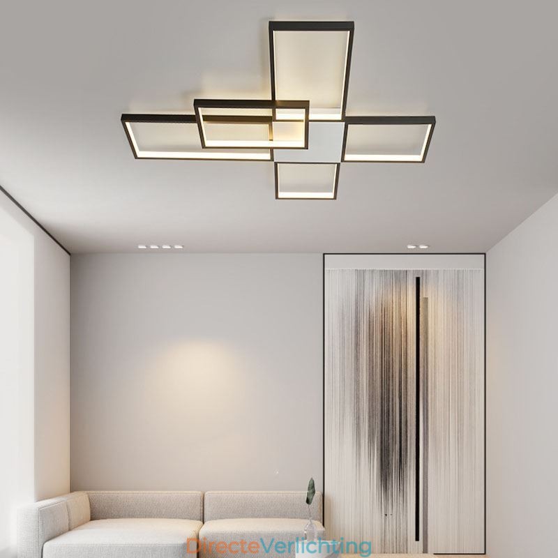 Minimalistische inbouwplafondlamp met vijf vierkante lampen, traploos dimbaar met afstandsbediening, 92W