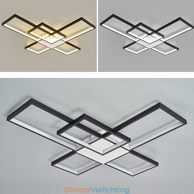 Minimalistische inbouwplafondlamp met vijf vierkante lampen, traploos dimbaar met afstandsbediening, 92W