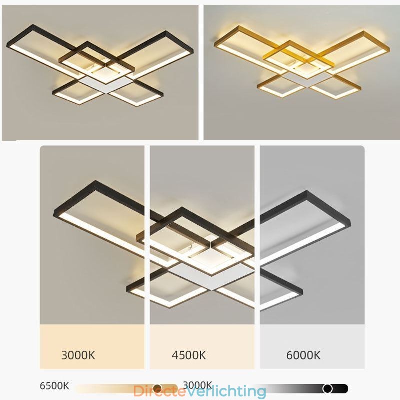 Minimalistische inbouwplafondlamp met vijf vierkante lampen, traploos dimbaar met afstandsbediening, 92W