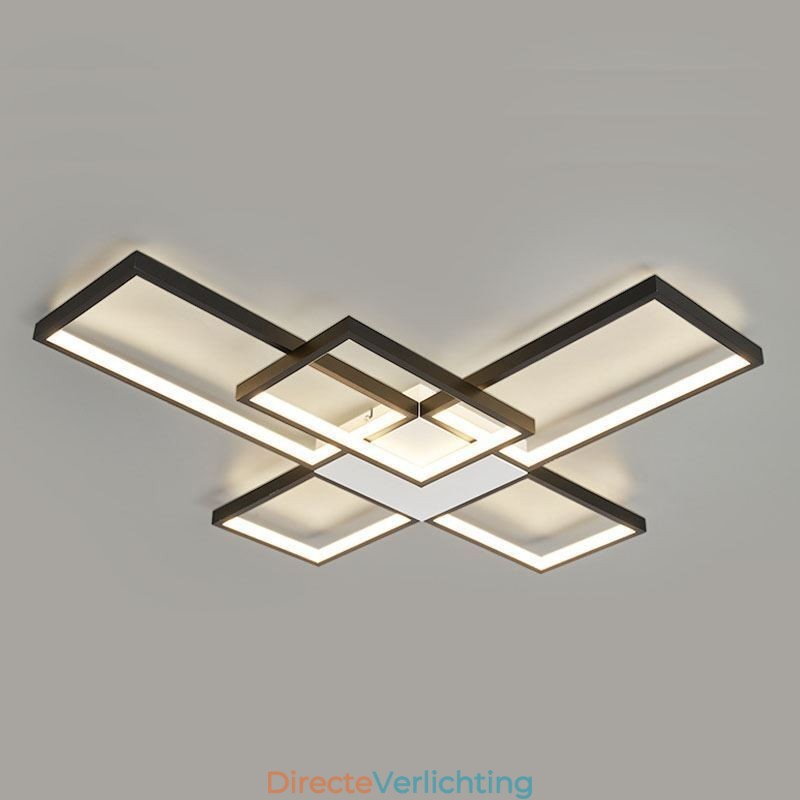 Minimalistische inbouwplafondlamp met vijf vierkante lampen, traploos dimbaar met afstandsbediening, 92W