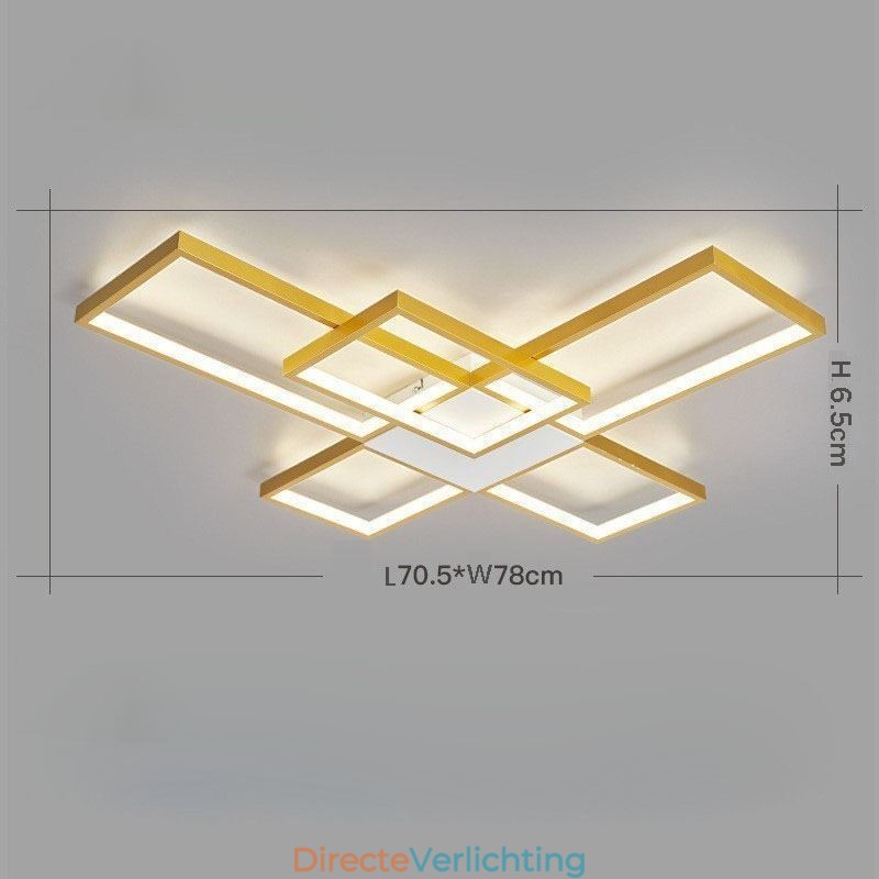 Minimalistische inbouwplafondlamp met vijf vierkante lampen, traploos dimbaar met afstandsbediening, 92W