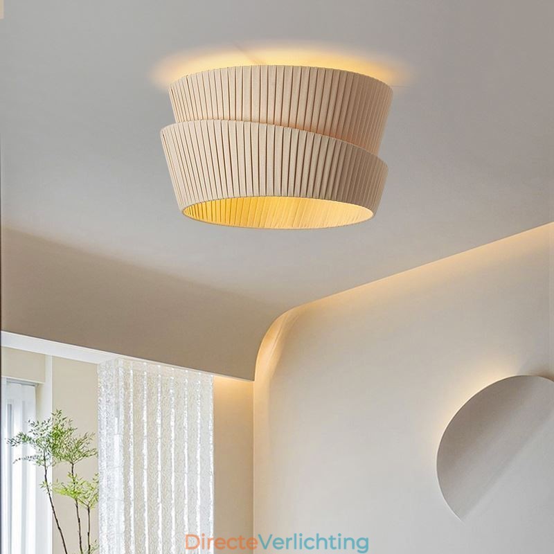 Wabi Sabi plafondlamp met dubbele laag stoffen kap in Franse crèmestijl