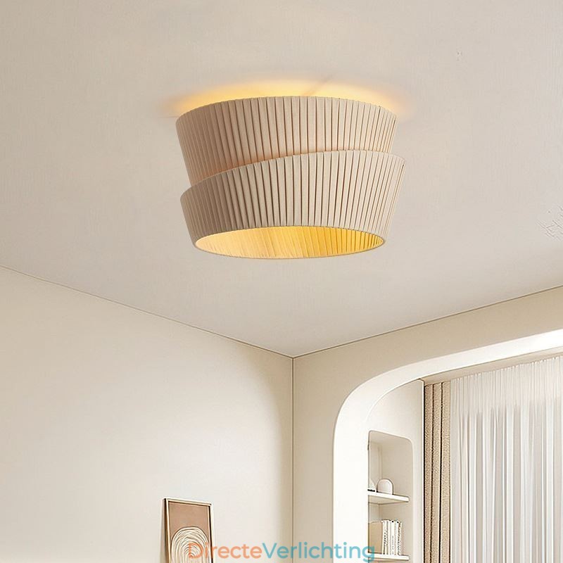 Wabi Sabi plafondlamp met dubbele laag stoffen kap in Franse crèmestijl