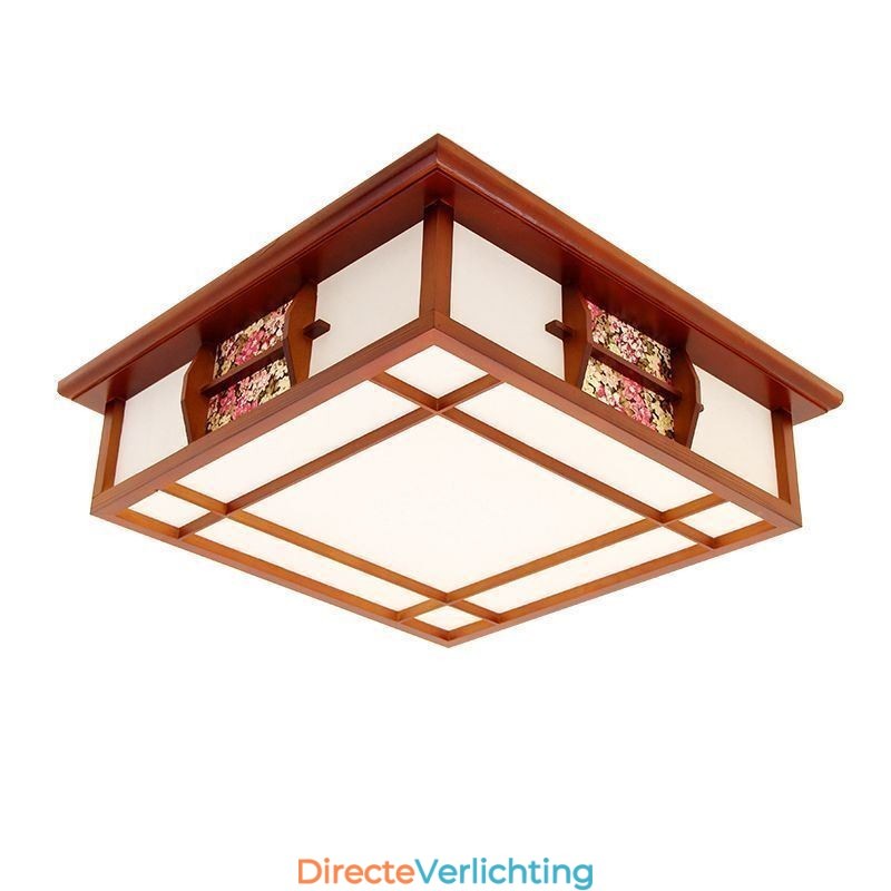 Retro houten plafondlamp met vierkante inbouw