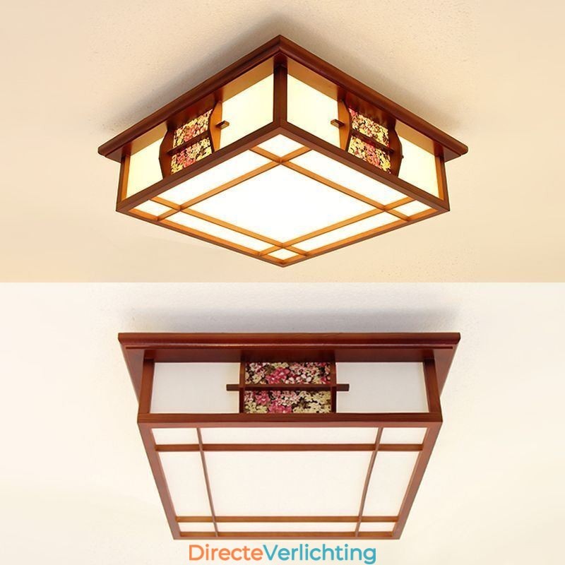 Retro houten plafondlamp met vierkante inbouw