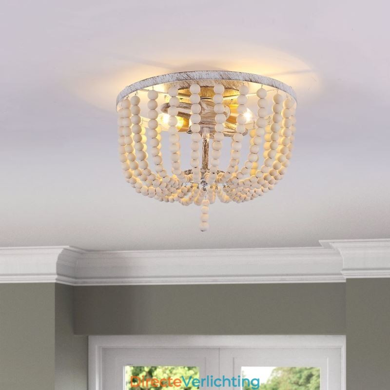 Boerderijhouten plafondlamp met kralen, 3 lampen