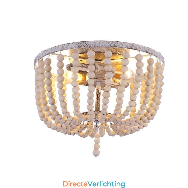Boerderijhouten plafondlamp met kralen, 3 lampen