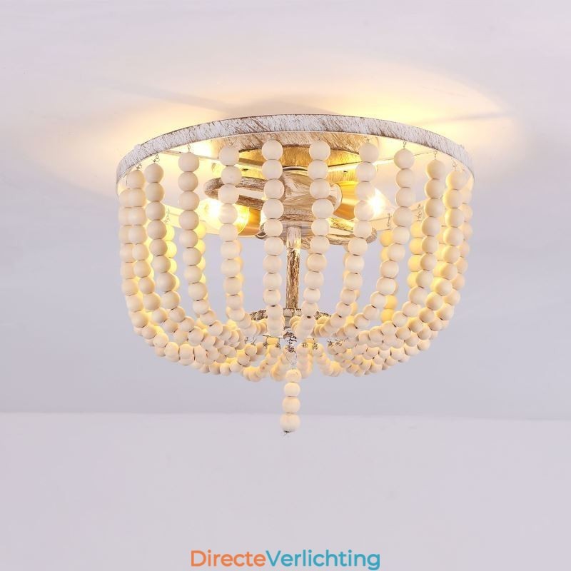 Boerderijhouten plafondlamp met kralen, 3 lampen