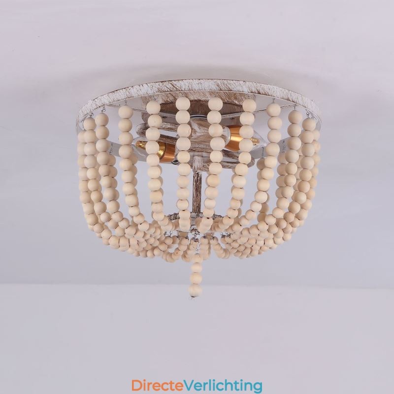 Boerderijhouten plafondlamp met kralen, 3 lampen