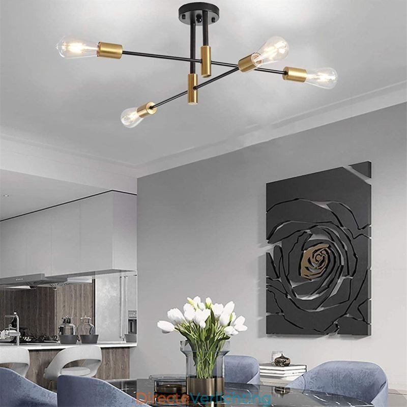 4-lichts zwarte Sputnik kroonluchter Mid Century semi-flush mount plafondlamp