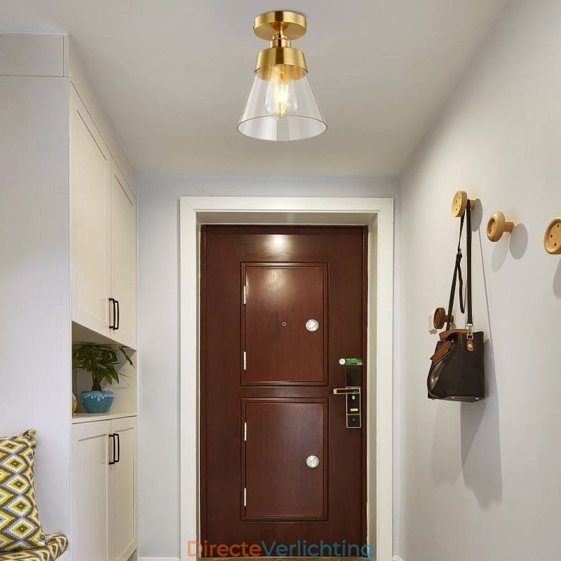 Moderne glazen plafondlamp met 1 lamp, messing afwerking