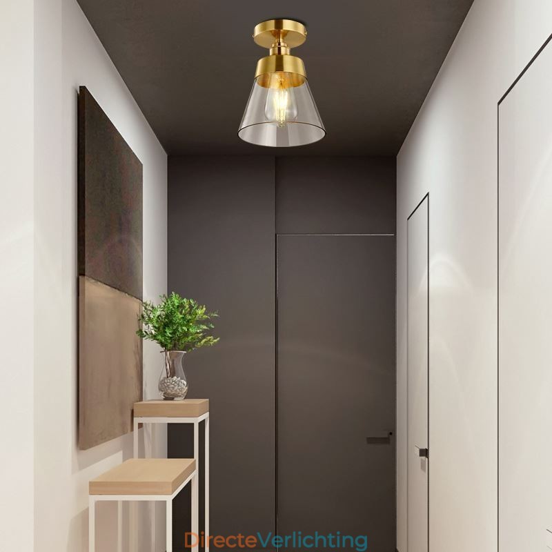Moderne glazen plafondlamp met 1 lamp, messing afwerking