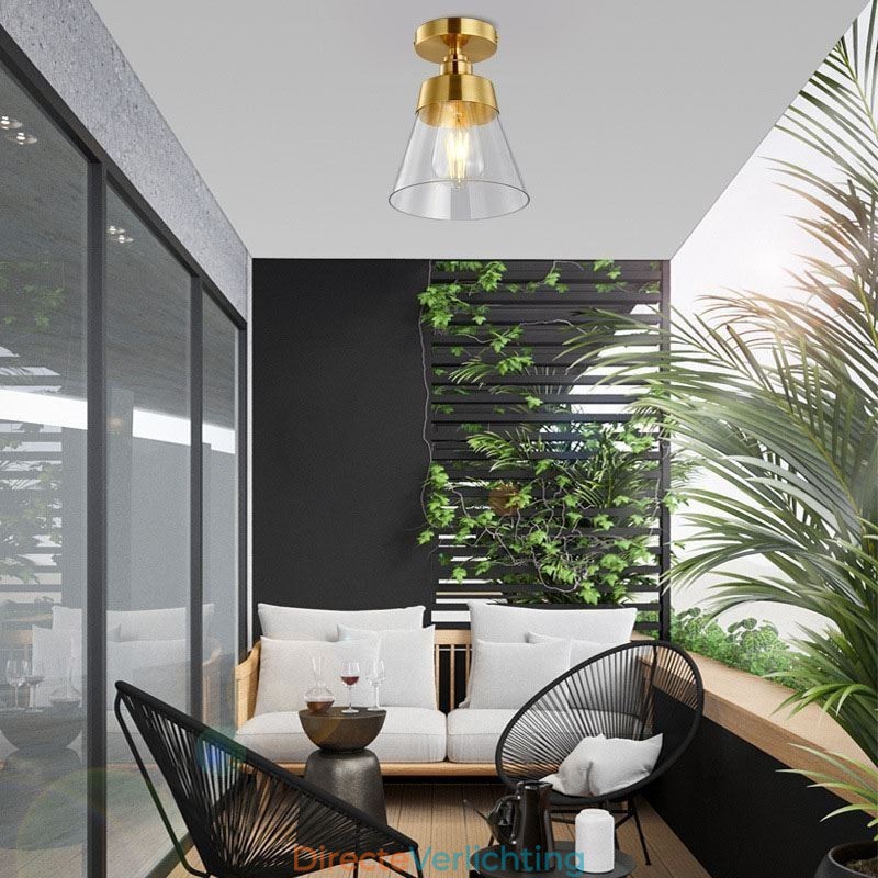 Moderne glazen plafondlamp met 1 lamp, messing afwerking