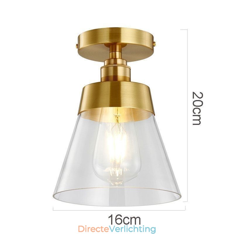 Moderne glazen plafondlamp met 1 lamp, messing afwerking
