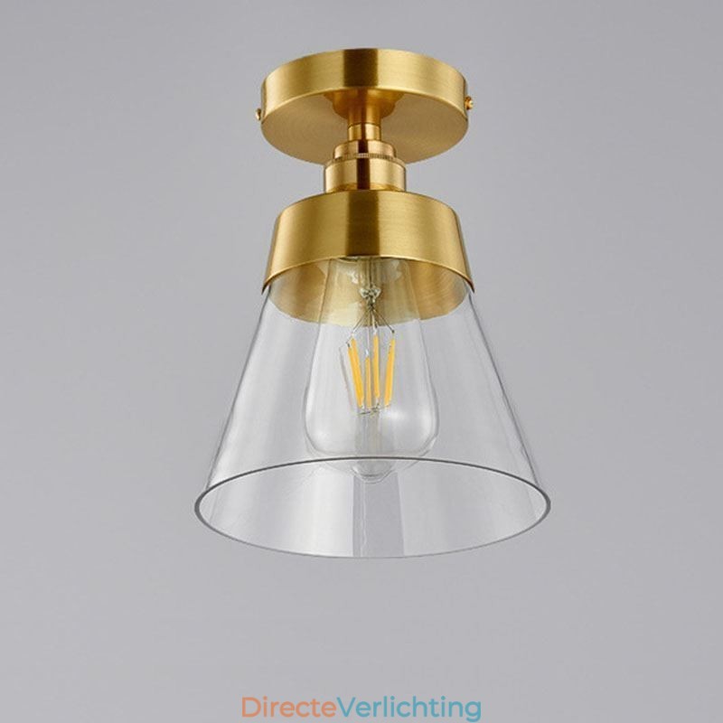 Moderne glazen plafondlamp met 1 lamp, messing afwerking