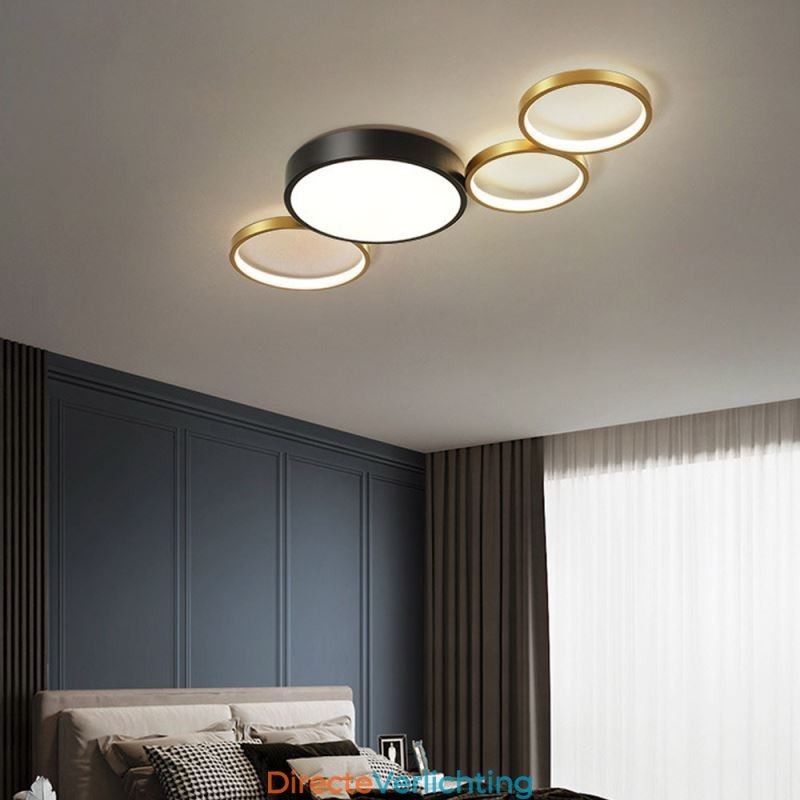 4 Ringen Plafondlamp Unieke Zwarte + Gouden Lampenkap Verlichting