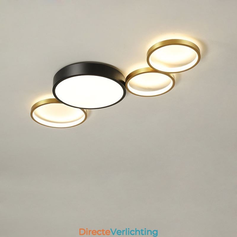 4 Ringen Plafondlamp Unieke Zwarte + Gouden Lampenkap Verlichting
