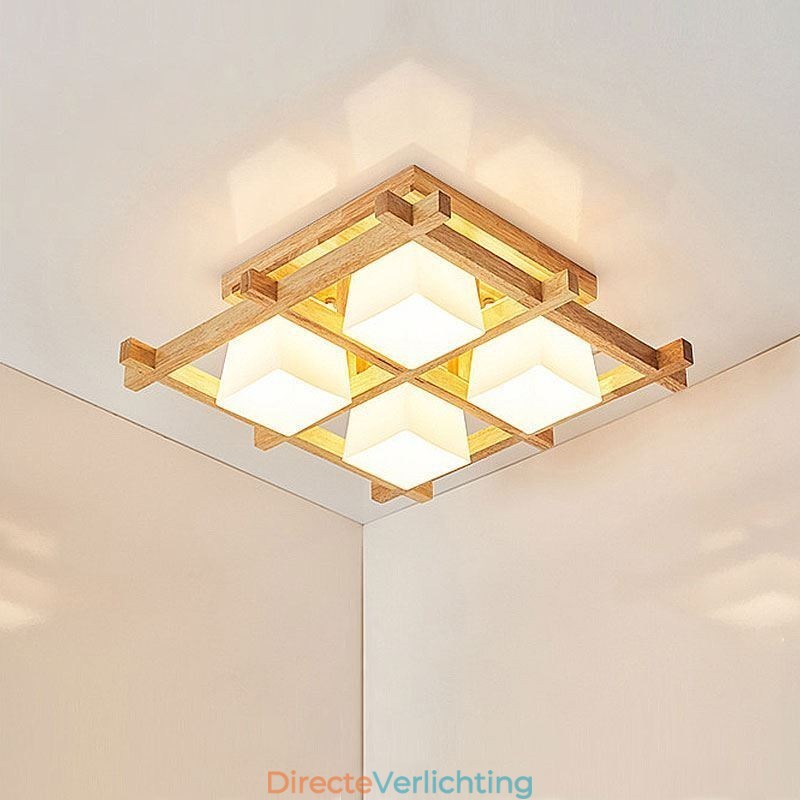 Nordic Square Grid Flush Mount Plafondlamp Rubberhoutlamp
