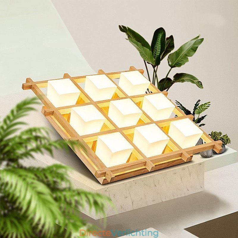 Nordic Square Grid Flush Mount Plafondlamp Rubberhoutlamp