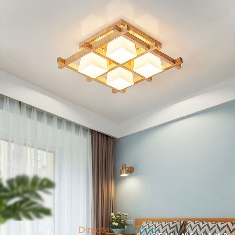 Nordic Square Grid Flush Mount Plafondlamp Rubberhoutlamp