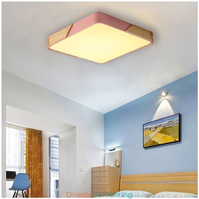 Eenvoudige plafondlamp met houten frame, superdun design, lamp met lampje