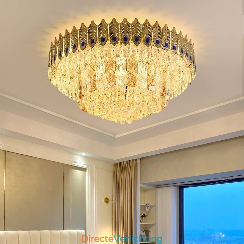 Kristallen plafondlamp met ronde, gegalvaniseerde Phoenix Tail-gouden luxe decoratieve plafondlamp